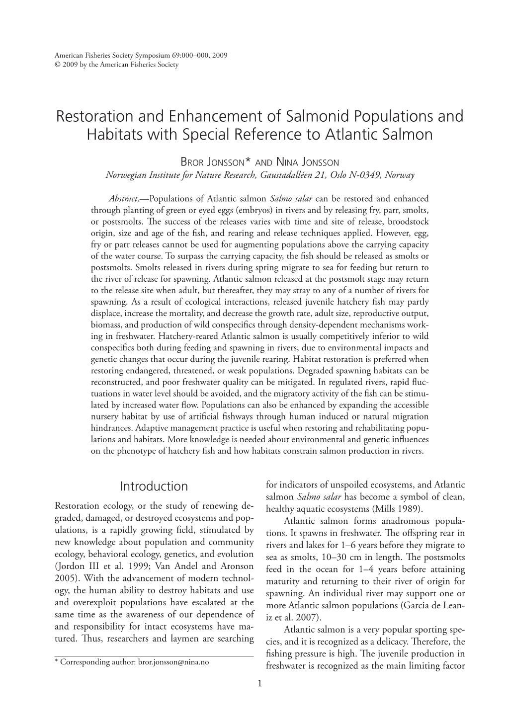 Restoration and Enhancement of Salmonid Populations and Habitats with Special Reference to Atlantic Salmon