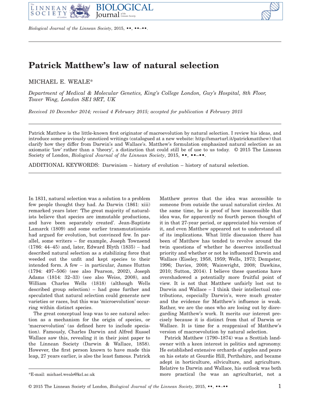 Patrick Matthews Law of Natural Selection