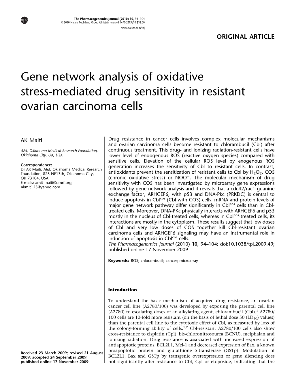 Gene Network Analysis of Oxidative Stress-Mediated Drug Sensitivity in Resistant Ovarian Carcinoma Cells