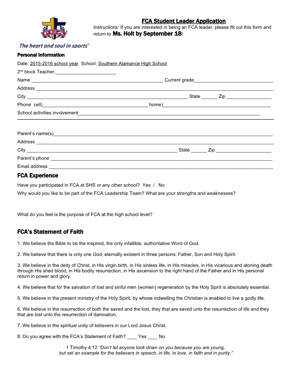 FCA Student Leader Application