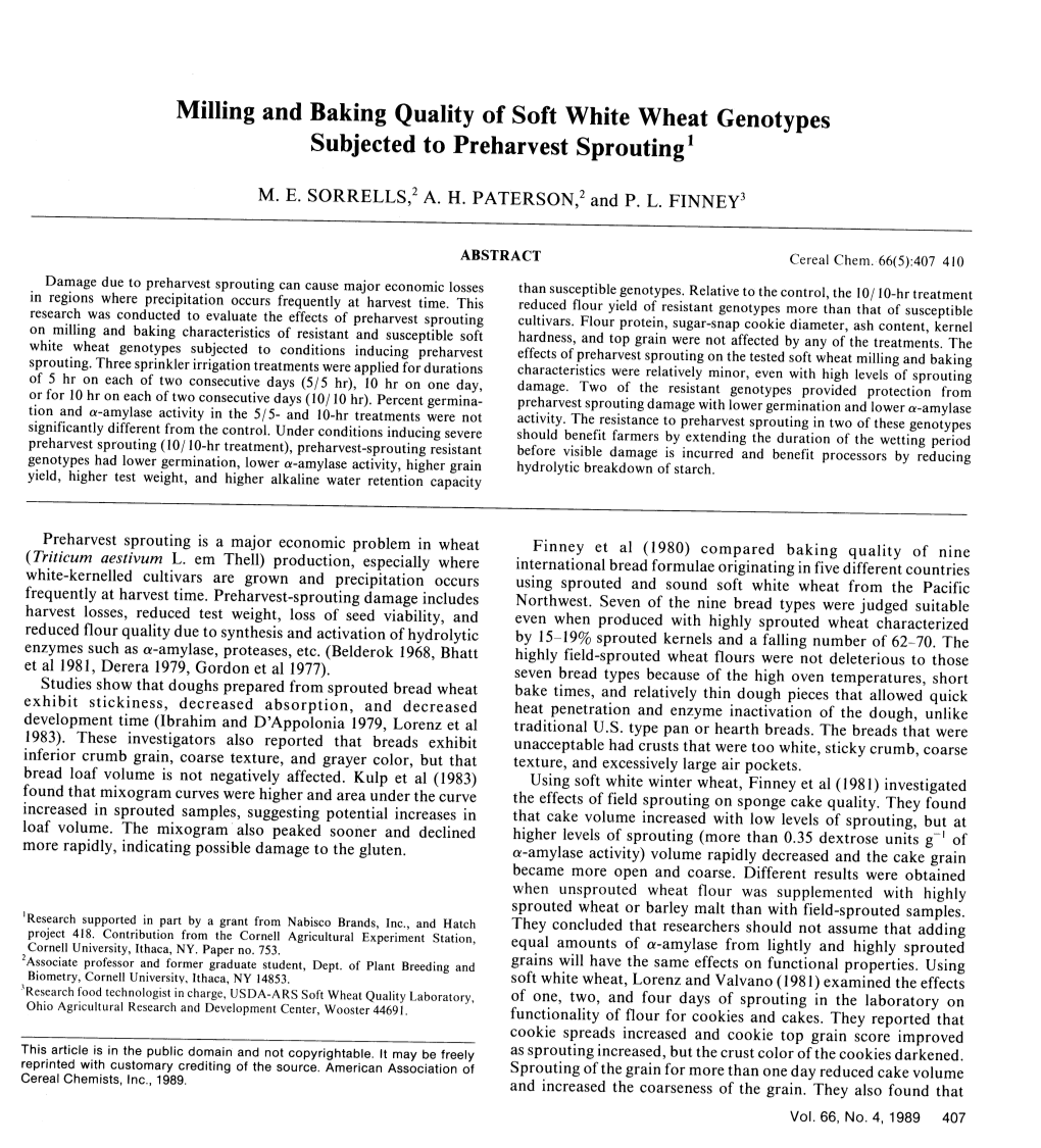 Milling and Baking Quality of Soft White Wheat Genotypes Subjected to Preharvest Sprouting'