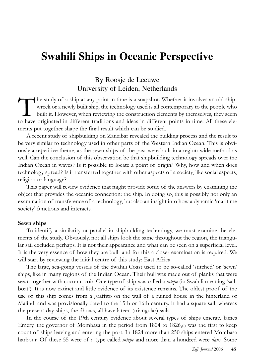 Swahili Ships in Oceanic Perspective