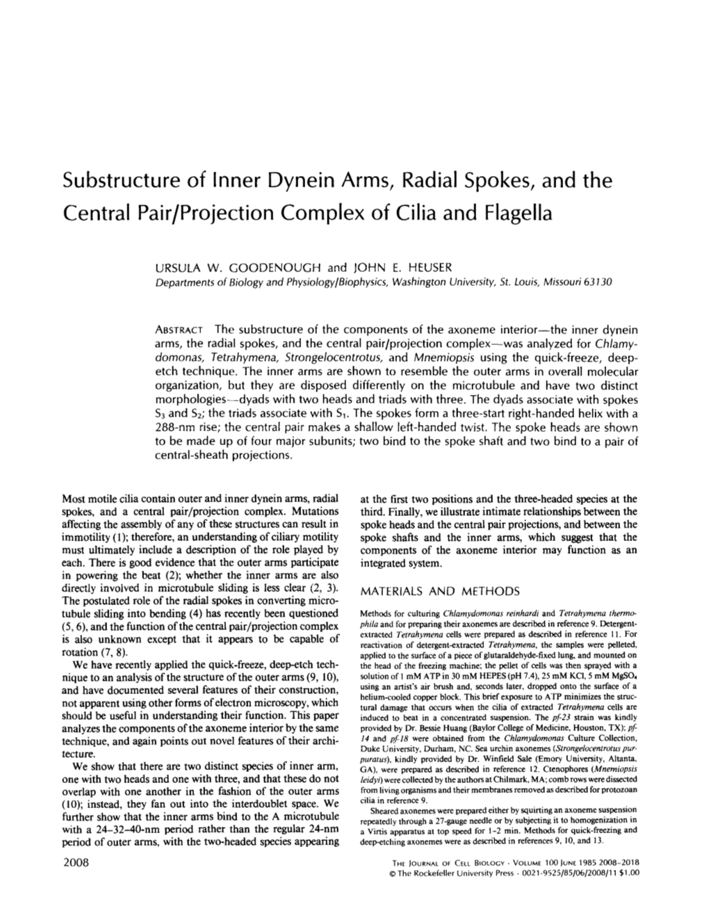 Substructure of Inner Dynein Arms, Radial Spokes, and the Central Pair/Projection Complex of Cilia and Flagella