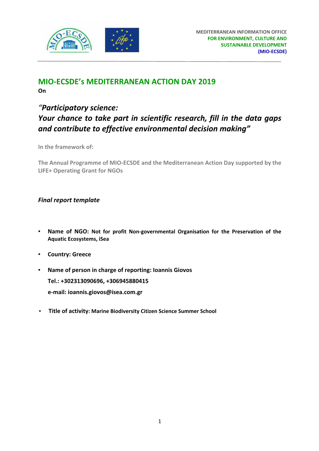 MIO-ECSDE's MEDITERRANEAN ACTION DAY 2019 “Participatory