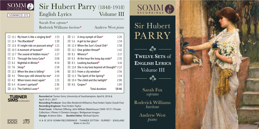 Sir Hubert Parry (1848-1918) SOMMCD 272 English Lyrics Volume III