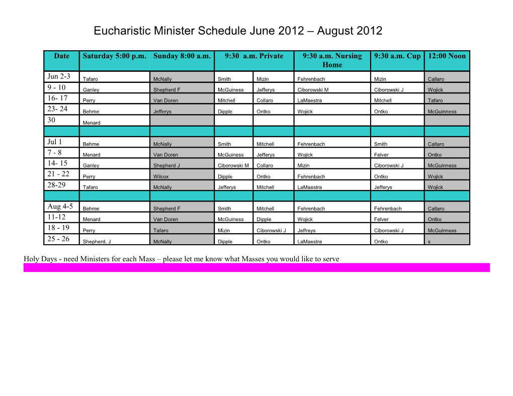 Eucharistic Minister Schedule June 2012 August 2012