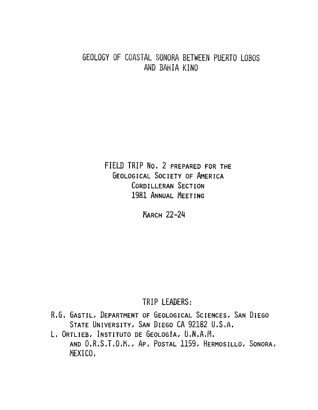 Geology of Coastal Sonora Between Puerto Lobos and Bahia Kino: Geol