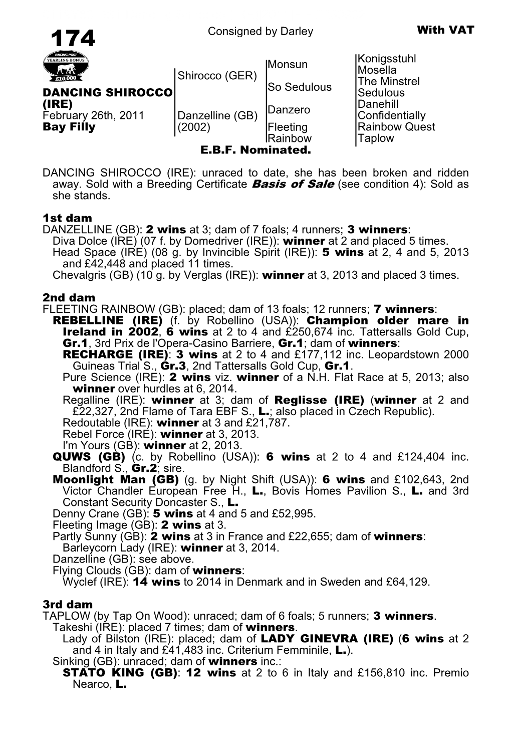 0119Y80.DS1 Dancing Shirocco (IRE)|2011|F|F|2230902 174 Consigned by Darley with VAT