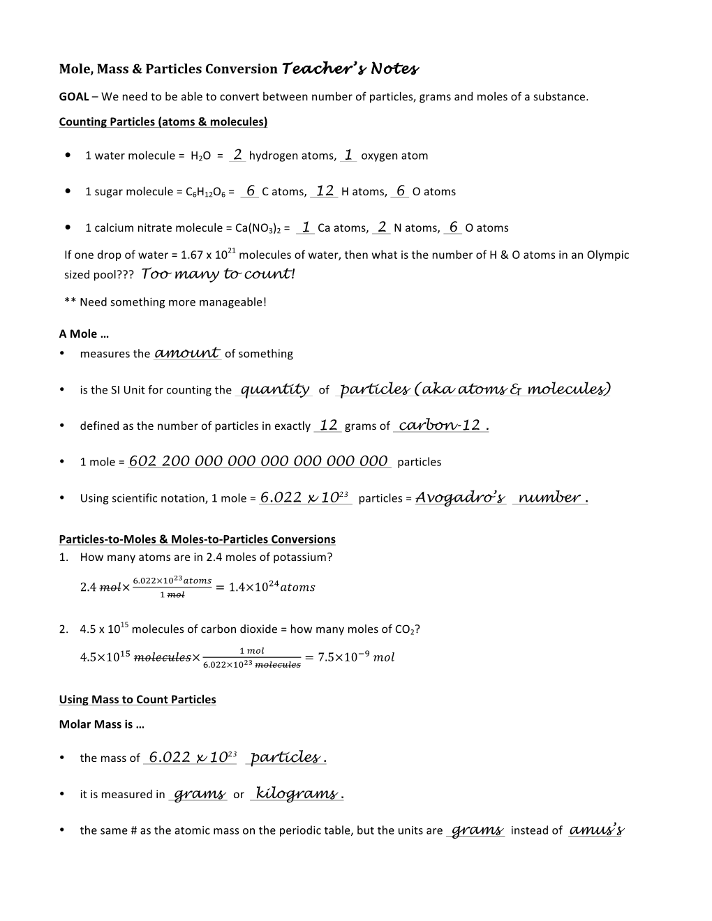 Mole, Mass & Particles Conversion Teacher's Notes