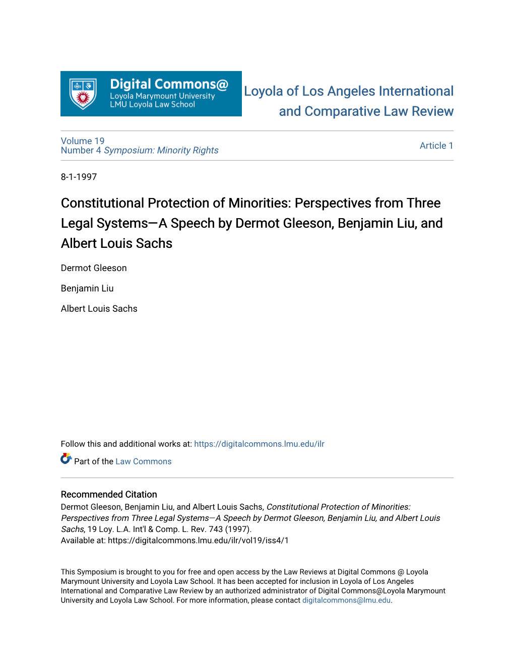 Constitutional Protection of Minorities: Perspectives from Three Legal Systems—A Speech by Dermot Gleeson, Benjamin Liu, and Albert Louis Sachs