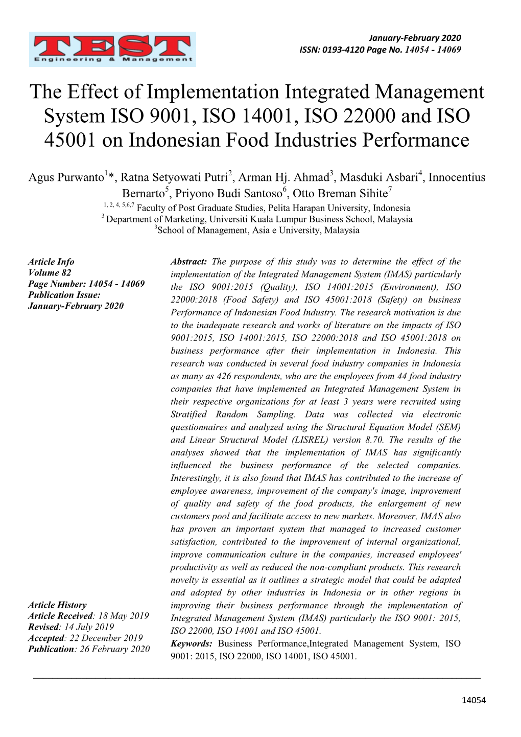 The Effect of Implementation Integrated Management System ISO 9001, ISO 14001, ISO 22000 and ISO 45001 on Indonesian Food Industries Performance