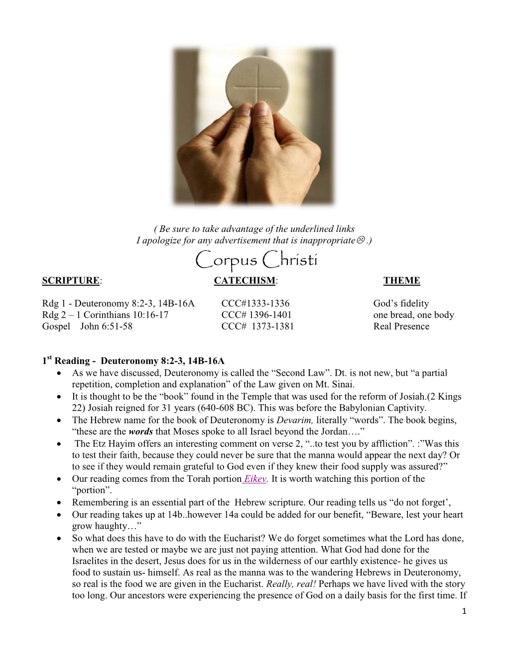 Corpus Christi SCRIPTURE: CATECHISM: THEME