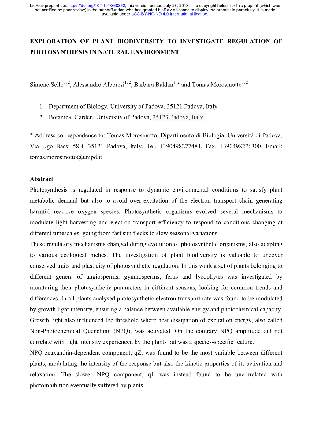 Exploration of Plant Biodiversity to Investigate Regulation of Photosynthesis in Natural Environment