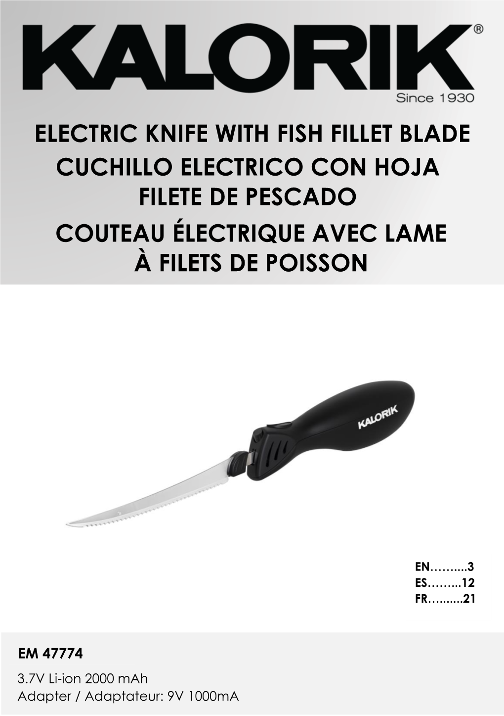 Electric Knife with Fish Fillet Blade Cuchillo Electrico Con Hoja Filete De Pescado Couteau Électrique Avec Lame À Filets De Poisson