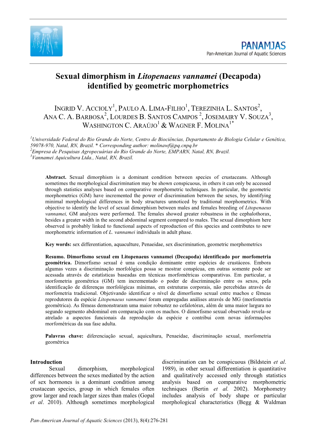 Sexual Dimorphism in Litopenaeus Vannamei (Decapoda) Identified by Geometric Morphometrics