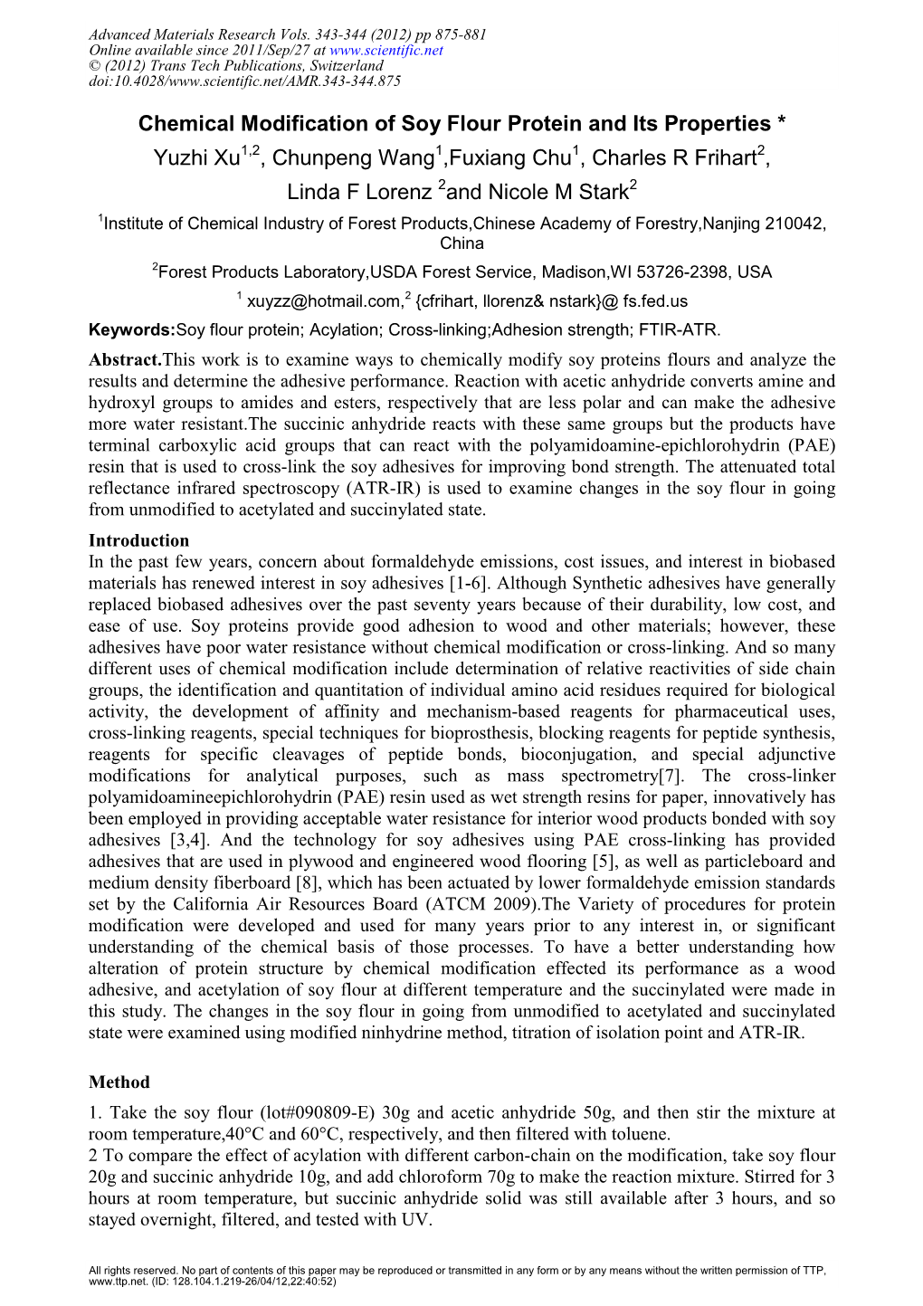 Chemical Modification of Soy Flour Protein and Its Properties