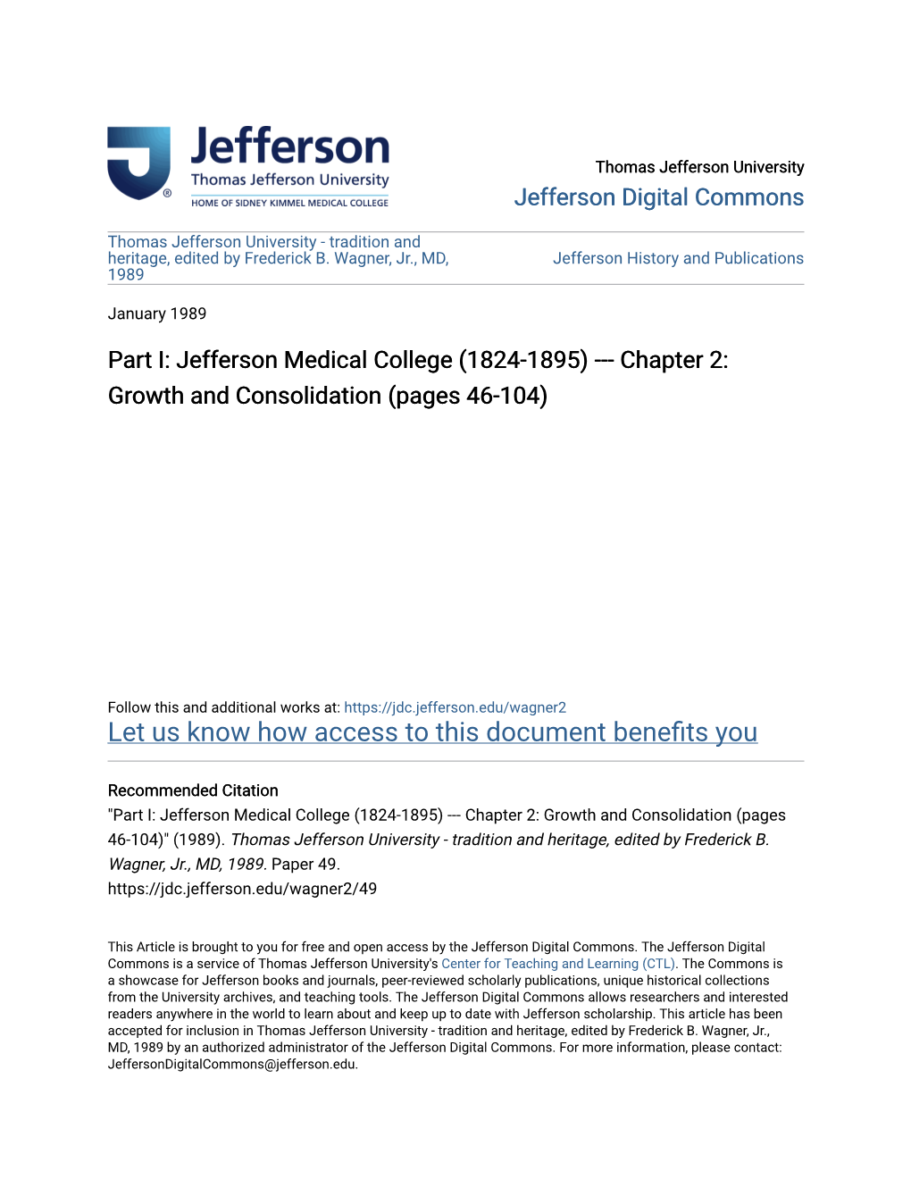 Jefferson Medical College (1824-1895) --- Chapter 2: Growth and Consolidation (Pages 46-104)