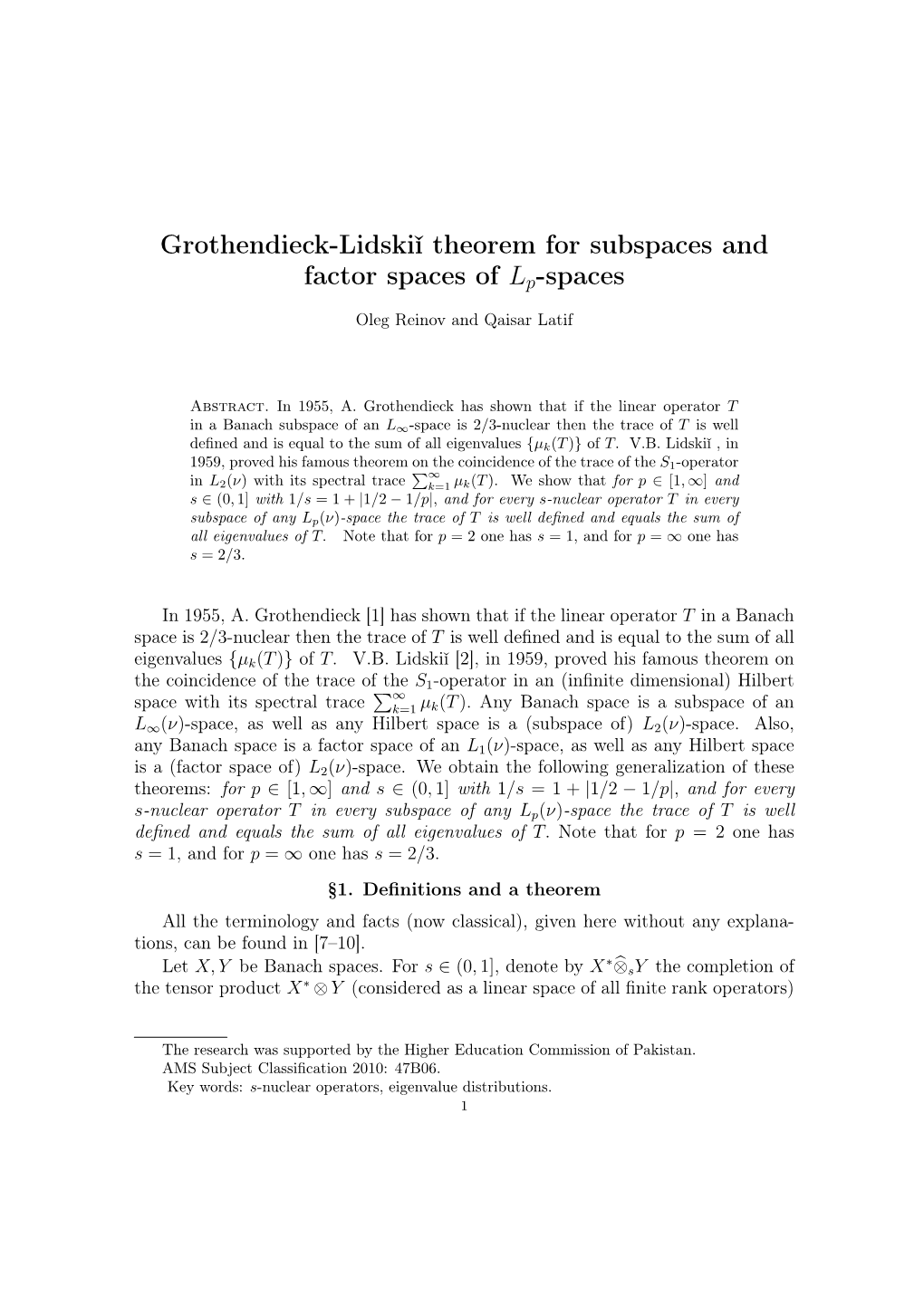 Grothendieck-Lidskii Theorem for Subspaces and Factor Spaces of Lp