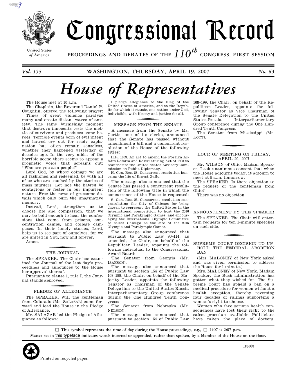 Congressional Record United States Th of America PROCEEDINGS and DEBATES of the 110 CONGRESS, FIRST SESSION