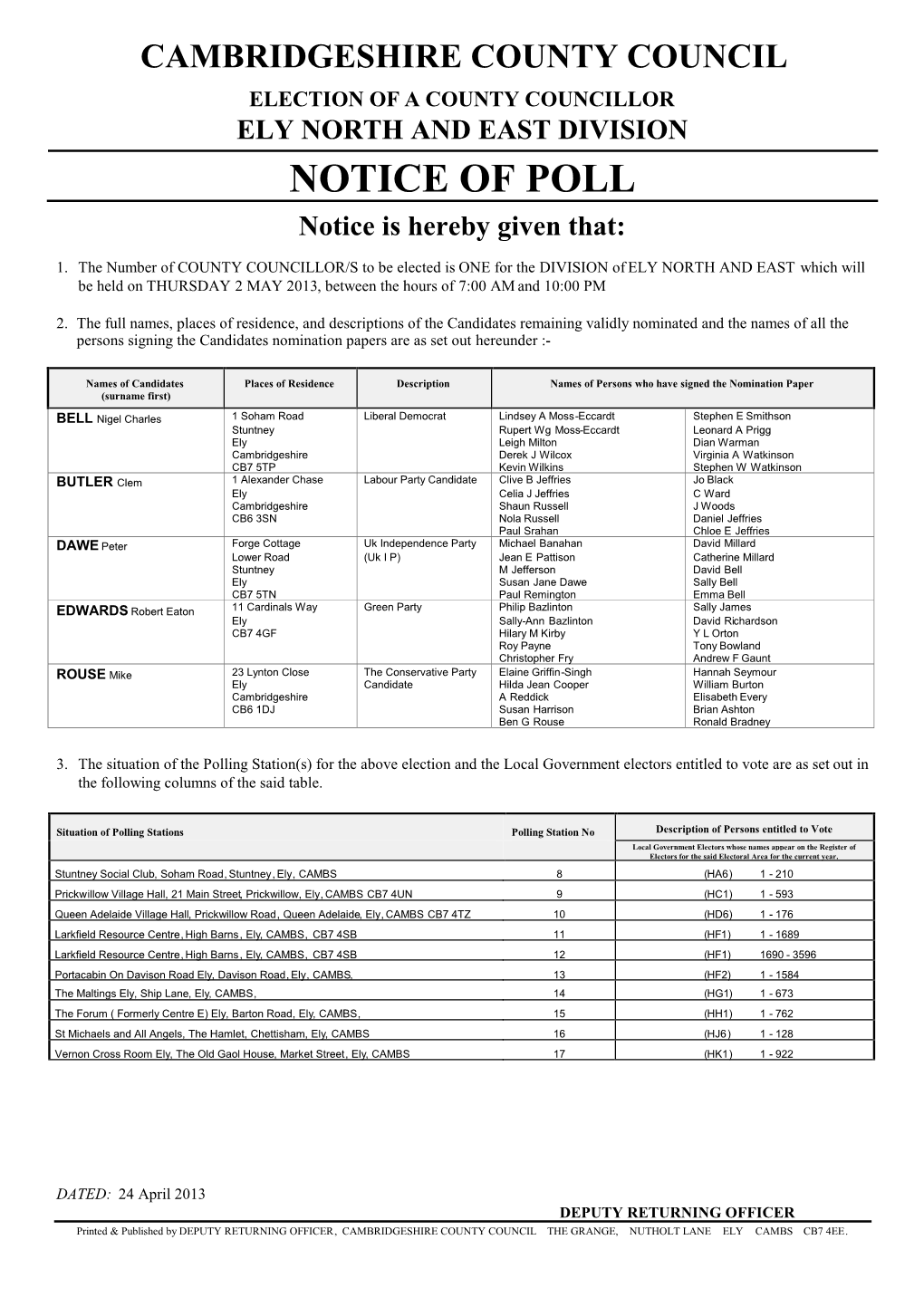 NOTICE of POLL Notice Is Hereby Given That