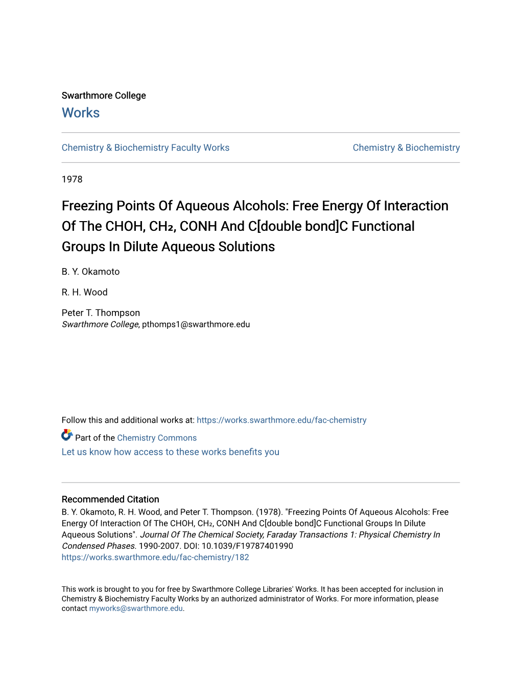 Freezing Points of Aqueous Alcohols: Free Energy of Interaction of the CHOH, CH₂, CONH and C[Double Bond]C Functional Groups in Dilute Aqueous Solutions