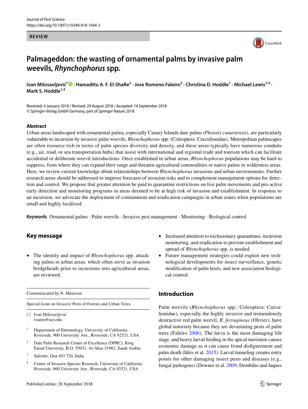 The Wasting of Ornamental Palms by Invasive Palm Weevils, Rhynchophorus Spp