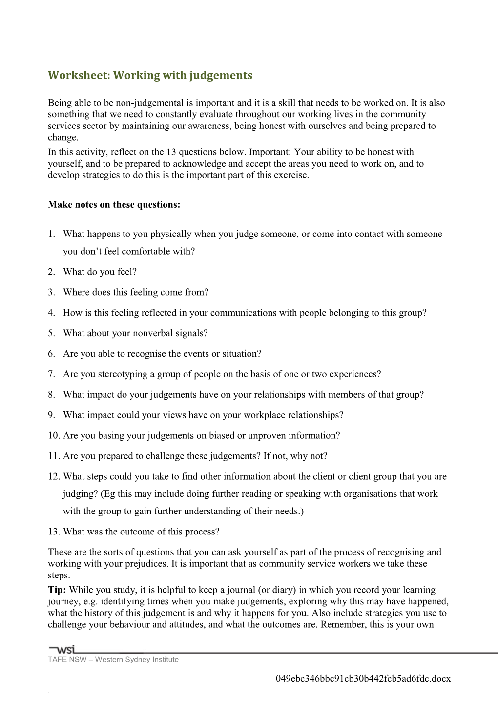 Worksheet: Working with Judgements