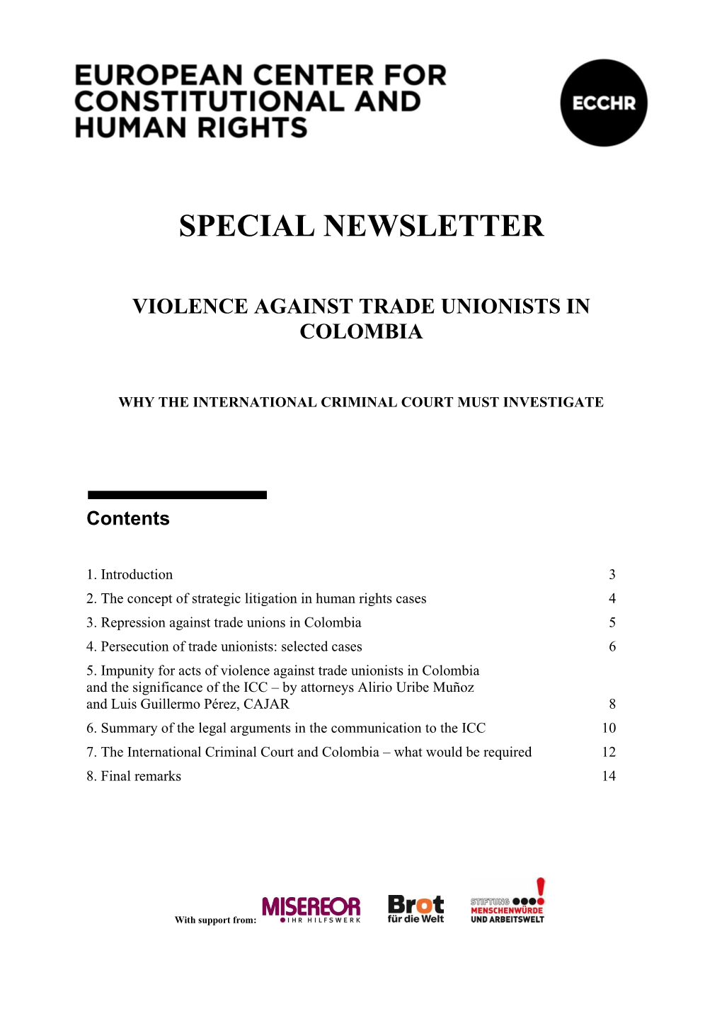 PDF Special Newsletter: Violence Against Trade Unionists in Colombia As a Crime Against Humanity