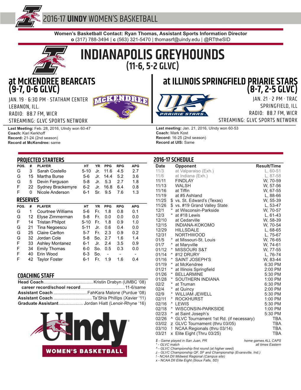 INDIANAPOLIS GREYHOUNDS (11-6, 5-2 GLVC) at Mckendree BEARCATS at ILLINOIS SPRINGFIELD PRIARIE STARS (9-7, 0-6 GLVC) (8-7, 2-5 GLVC) JAN