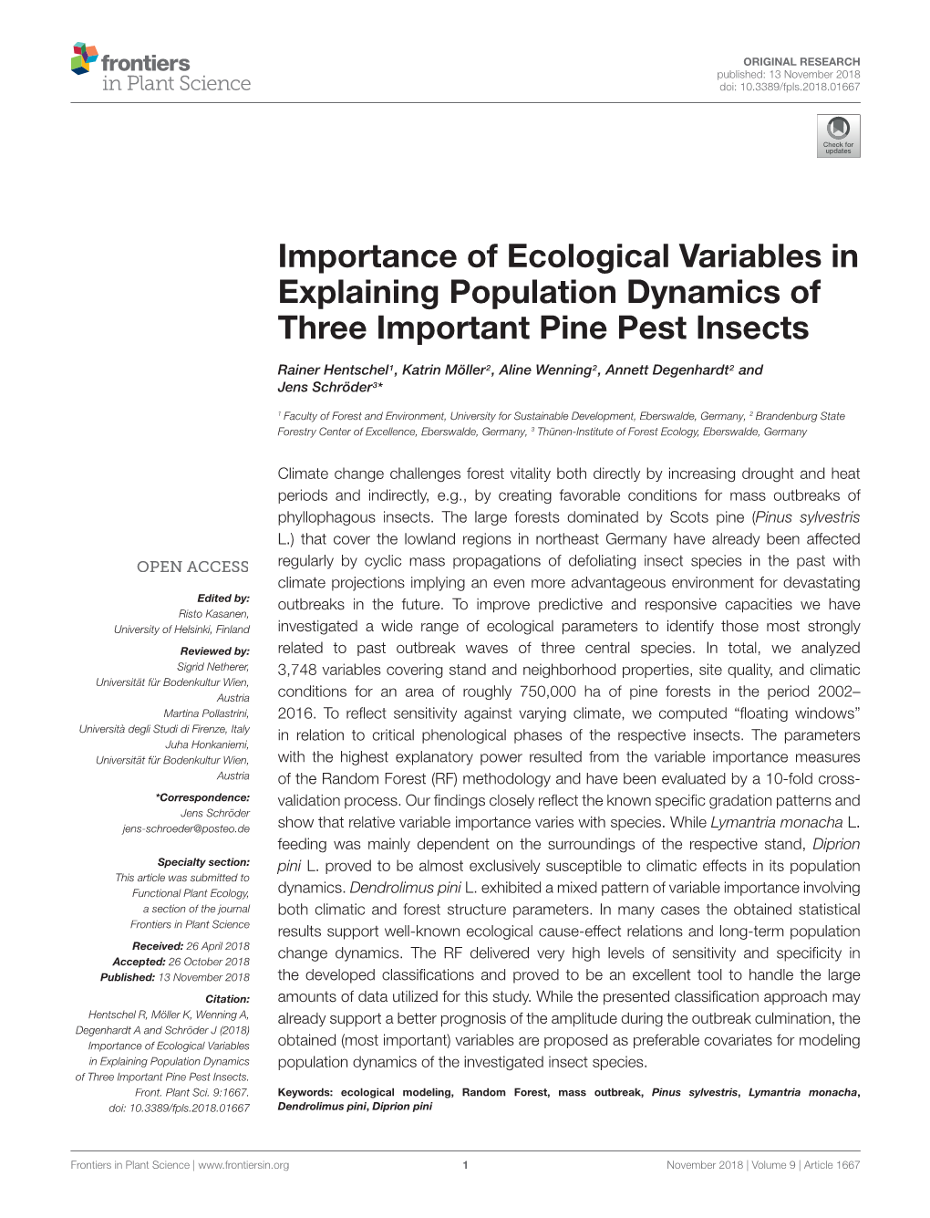 Iimportance of Ecological Variables in Explaining Population Dynamics of Three Important Pine Pest Insects