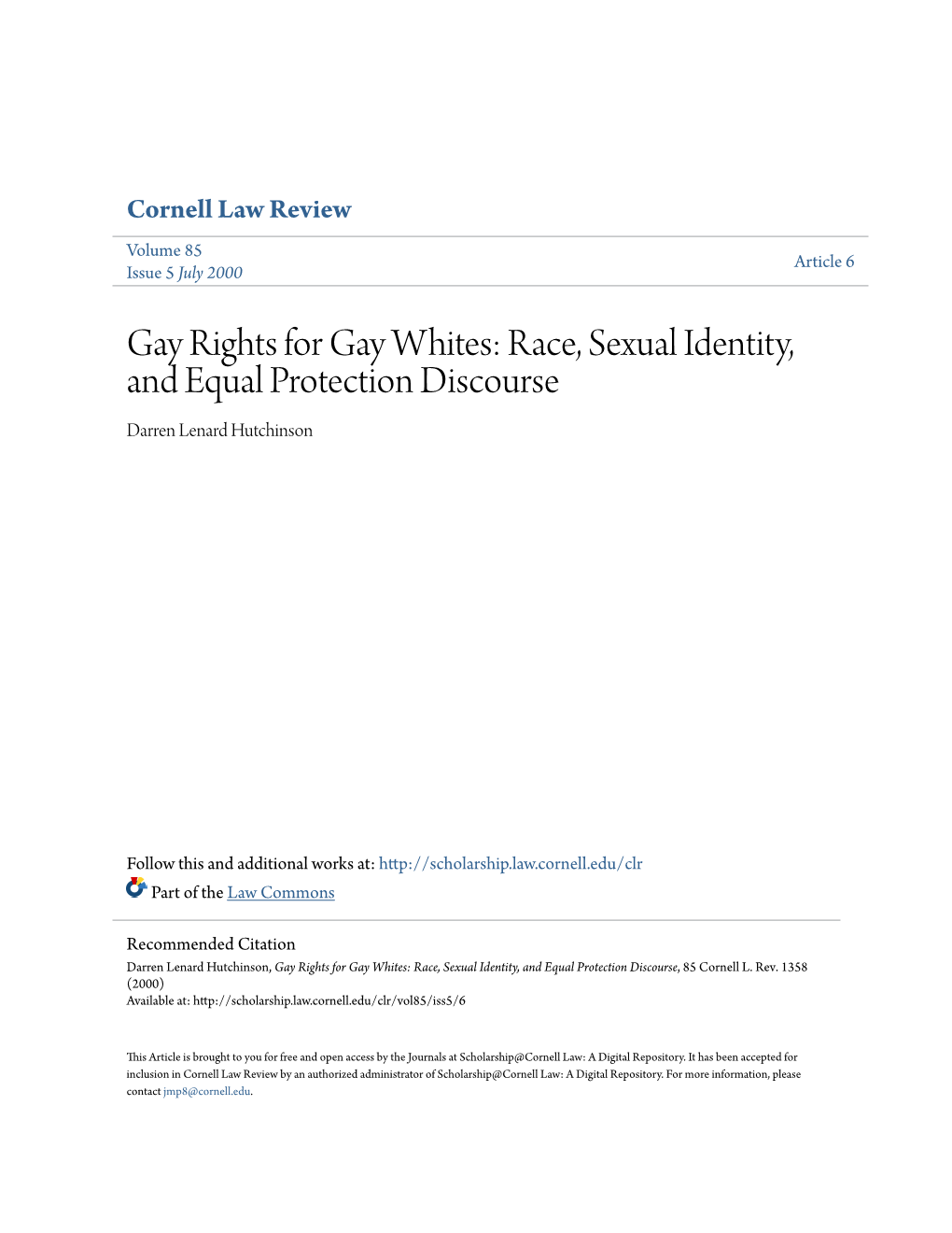 Race, Sexual Identity, and Equal Protection Discourse Darren Lenard Hutchinson