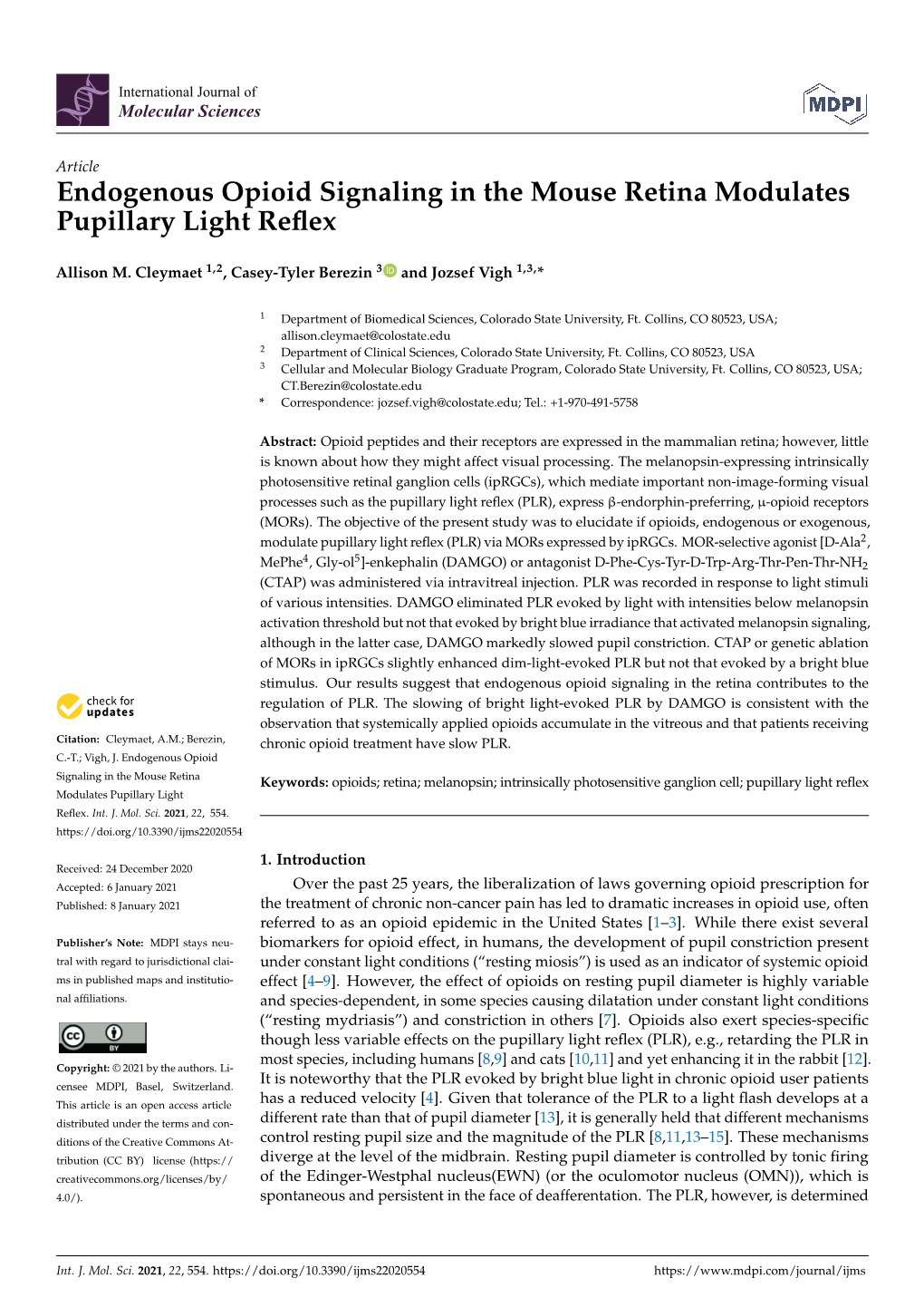 Endogenous Opioid Signaling in the Mouse Retina Modulates Pupillary Light Reﬂex