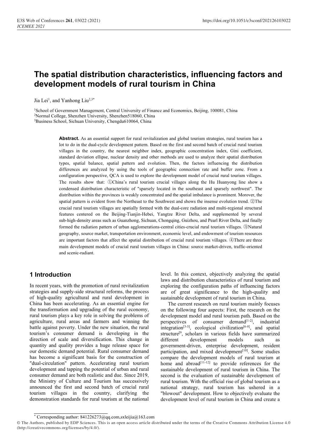 The Spatial Distribution Characteristics, Influencing Factors and Development Models of Rural Tourism in China