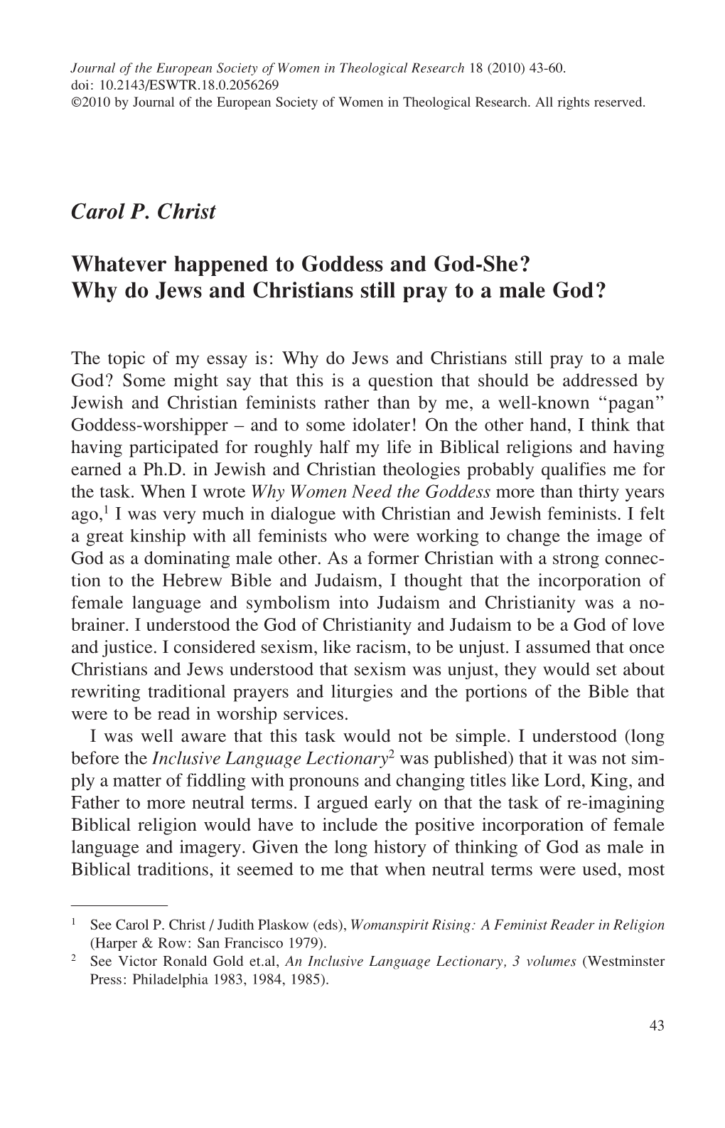 Carol P. Christ Whatever Happened to Goddess and God-She?
