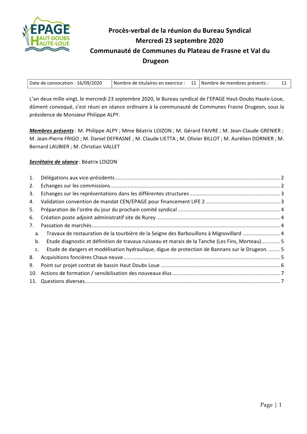 Procès-Verbal De La Réunion Du Bureau Syndical Mercredi 23 Septembre 2020 Communauté De Communes Du Plateau De Frasne Et Val Du Drugeon