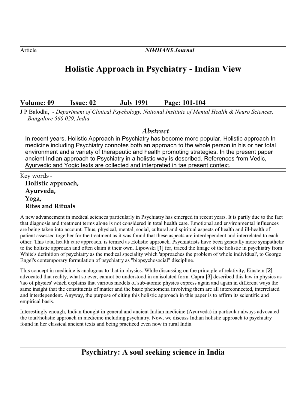 Holistic Approach in Psychiatry - Indian View