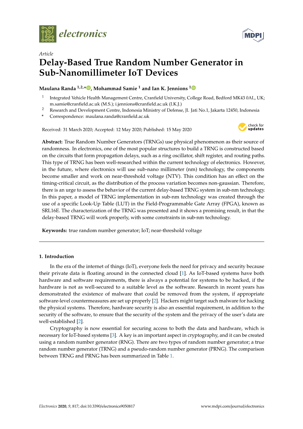 Delay-Based True Random Number Generator in Sub-Nanomillimeter Iot Devices