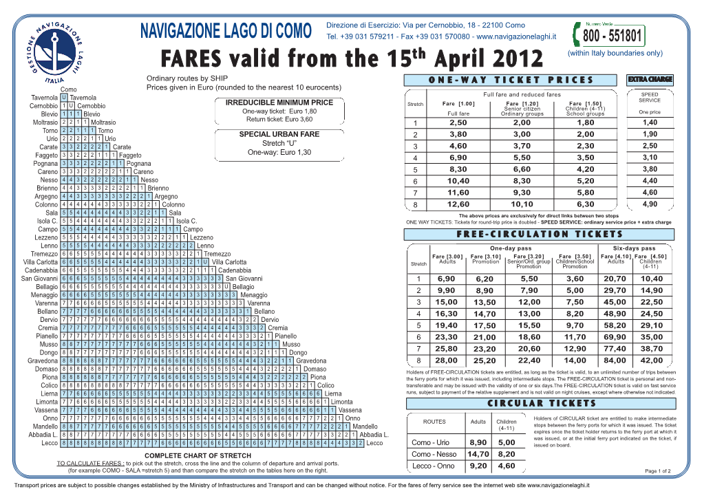 FARES Valid from the 15Th April 2012