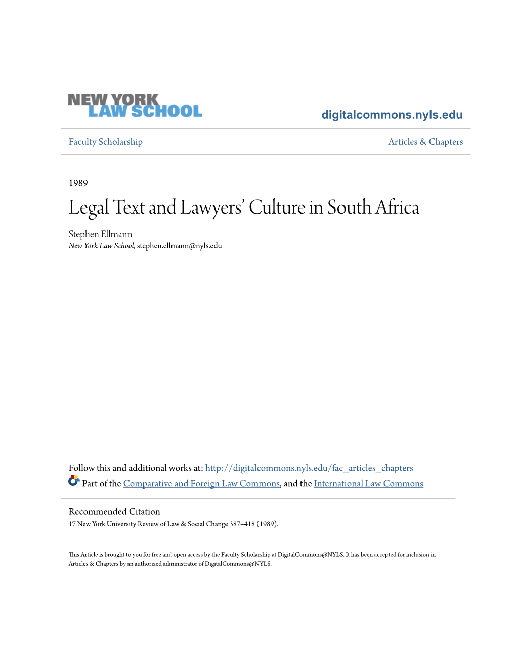 Legal Text and Lawyers' Culture in South Africa