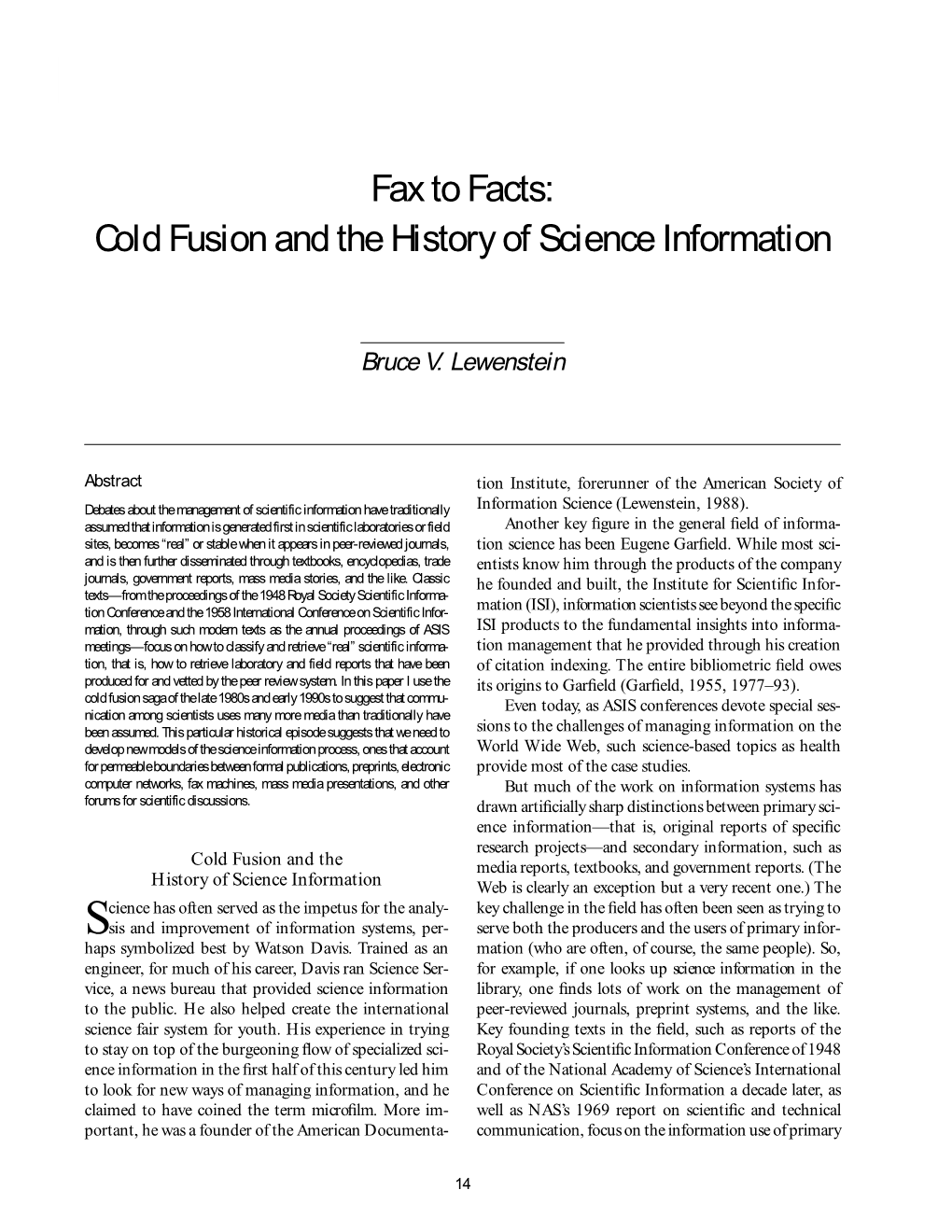 Fax to Facts: Cold Fusion and the History of Science Information