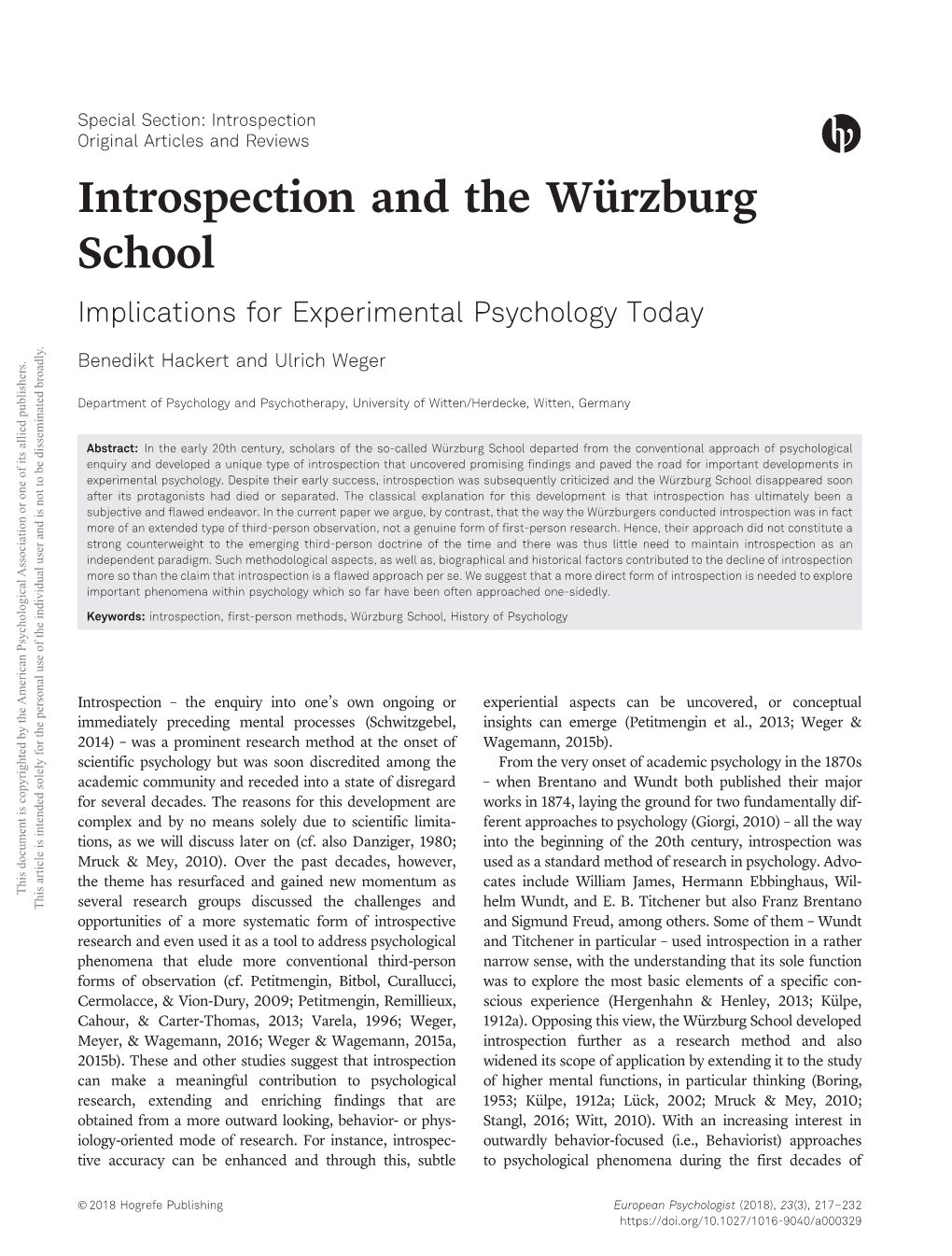 Introspection and the Würzburg School Implications for Experimental Psychology Today