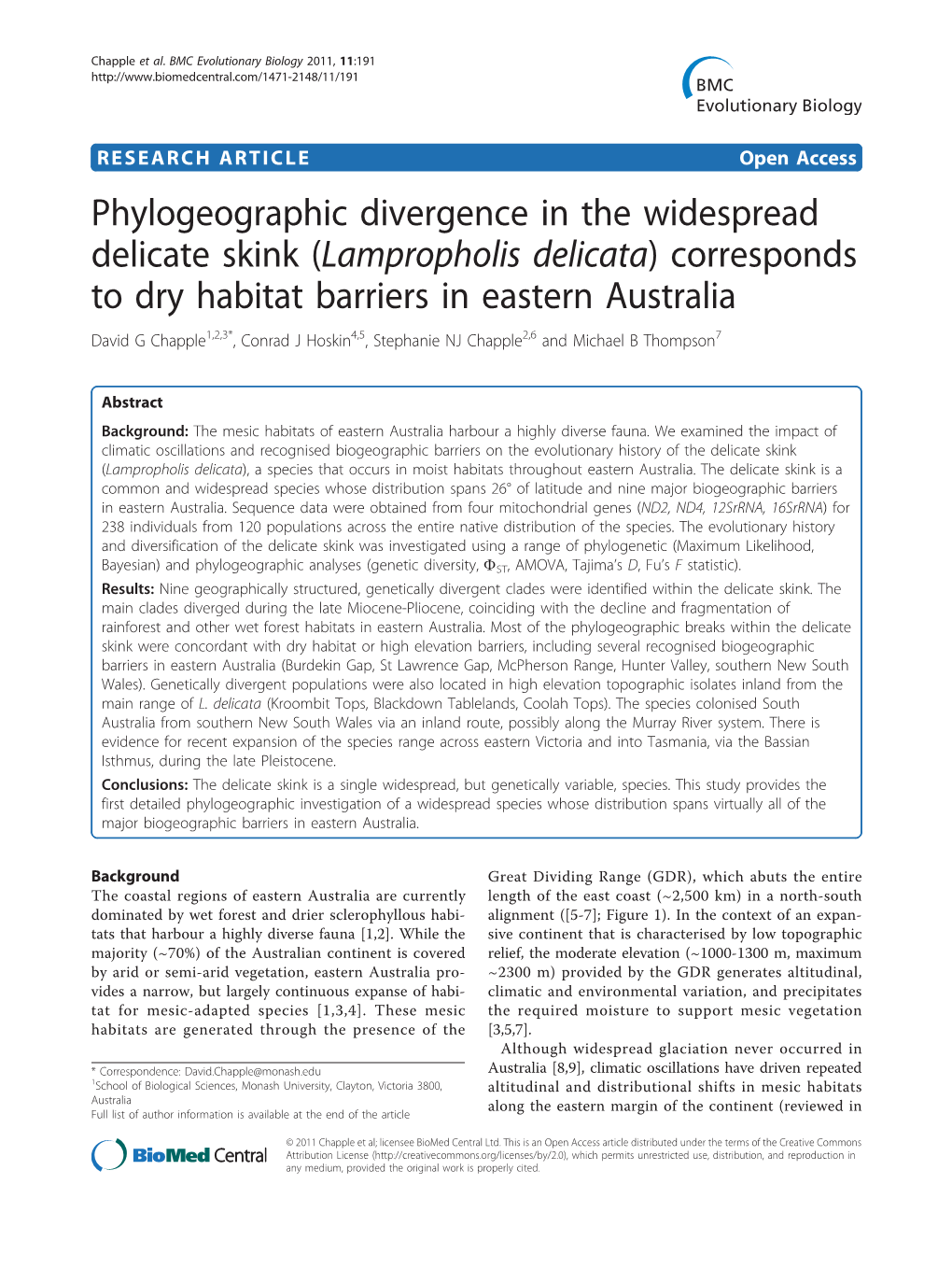 Phylogeographic Divergence in the Widespread Delicate Skink (Lampropholis Delicata) Corresponds to Dry Habitat Barriers in Easte