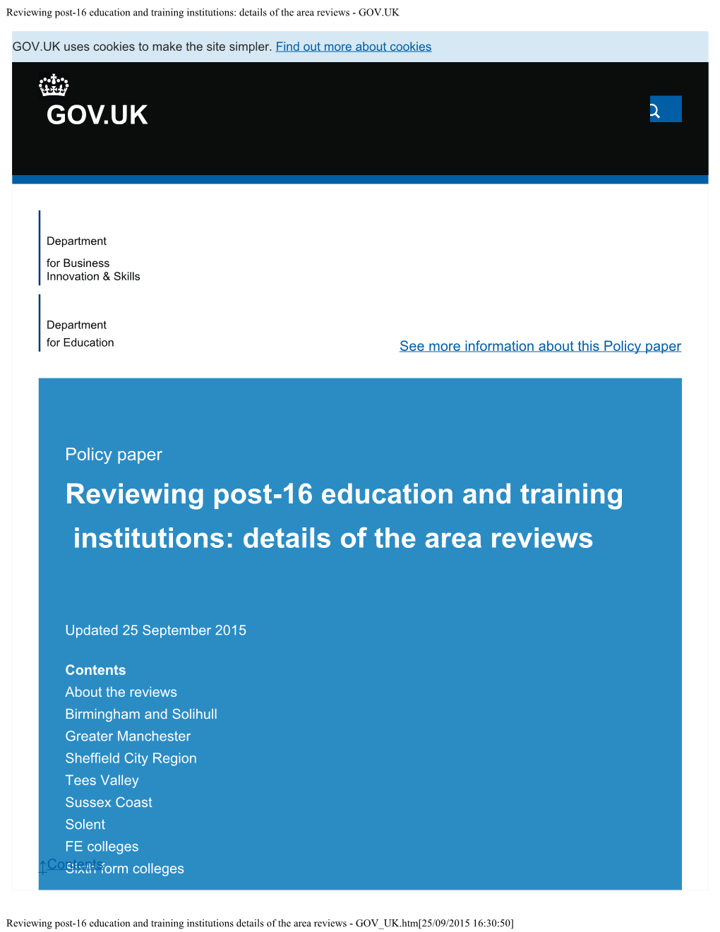 Reviewing Post-16 Education and Training Institutions: Details of the Area Reviews - GOV.UK