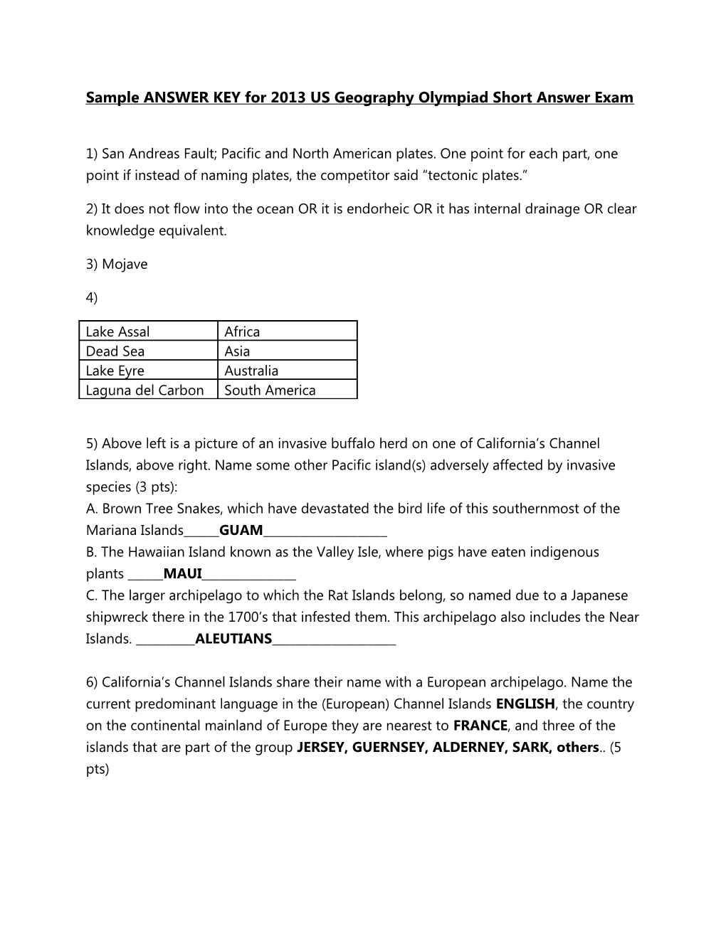 Sample ANSWER KEY for 2013 US Geography Olympiad Short Answer Exam