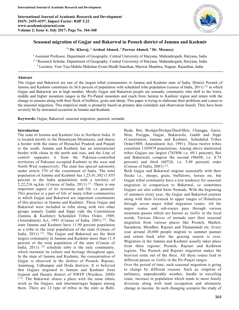 Seasonal Migration of Gujjar and Bakarwal in Poonch District of Jammu and Kashmir *1 Dr