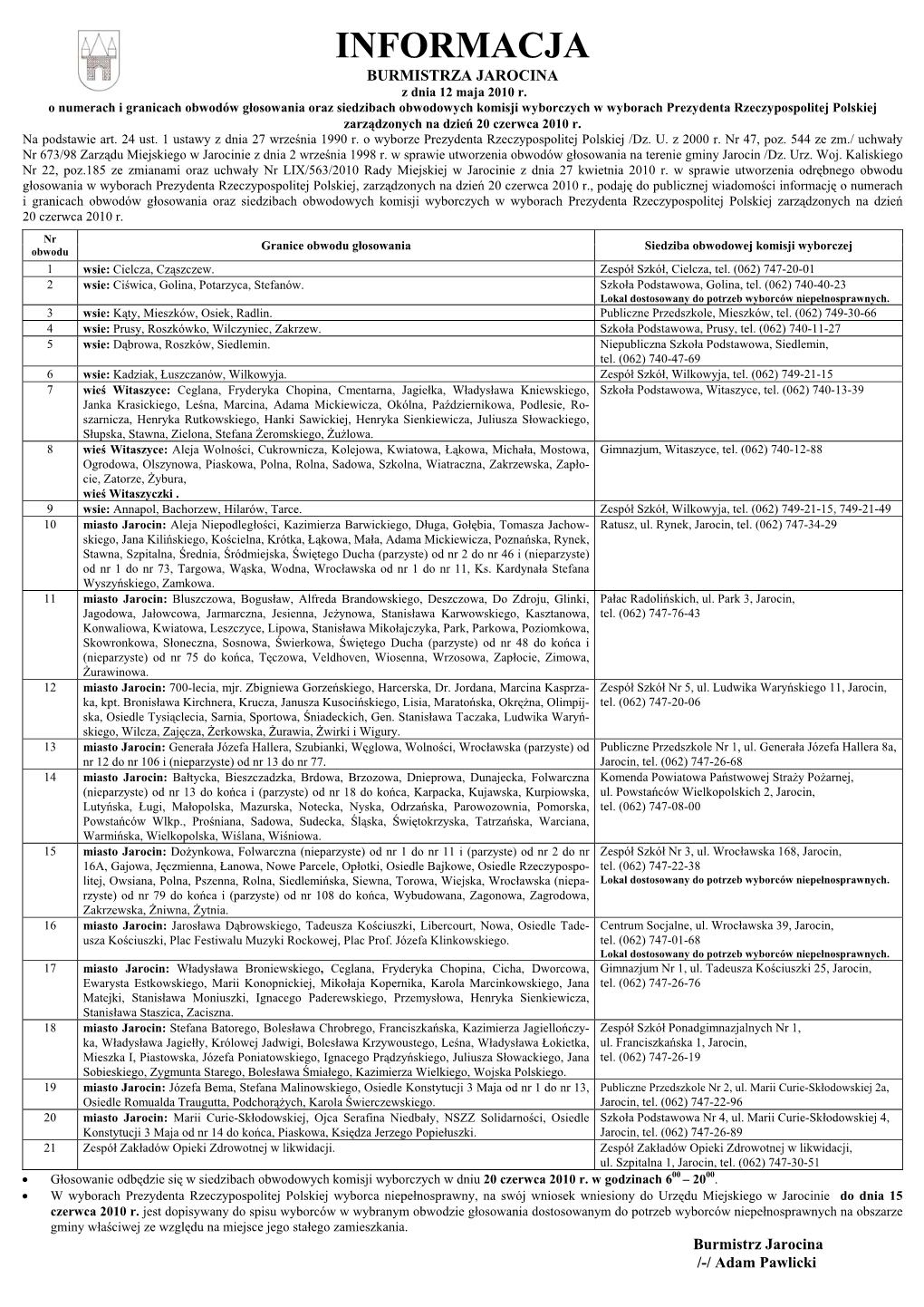 INFORMACJA BURMISTRZA JAROCINA Z Dnia 12 Maja 2010 R