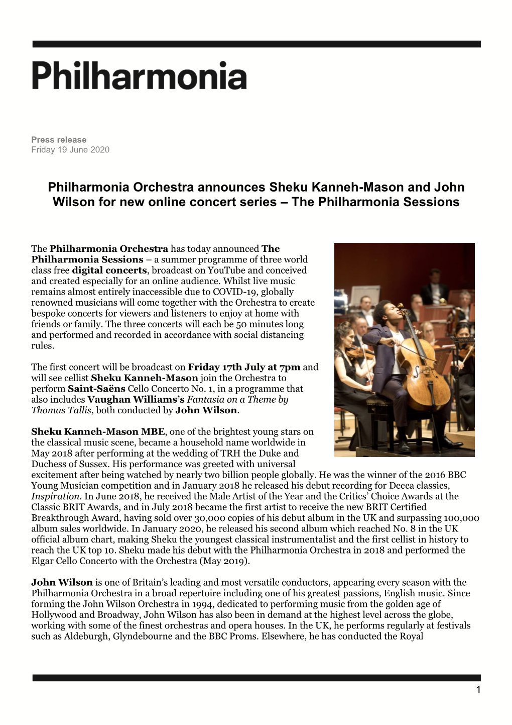 Philharmonia Orchestra Announces Sheku Kanneh-Mason and John Wilson for New Online Concert Series – the Philharmonia Sessions