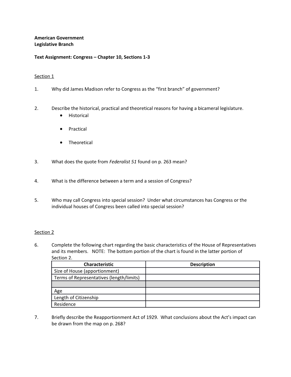 Text Assignment: Congress Chapter 10, Sections 1-3