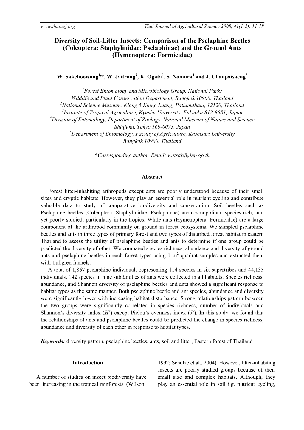 Diversity of Soil-Litter Insects: Comparison of the Pselaphine Beetles (Coleoptera: Staphylinidae: Pselaphinae) and the Ground Ants (Hymenoptera: Formicidae)