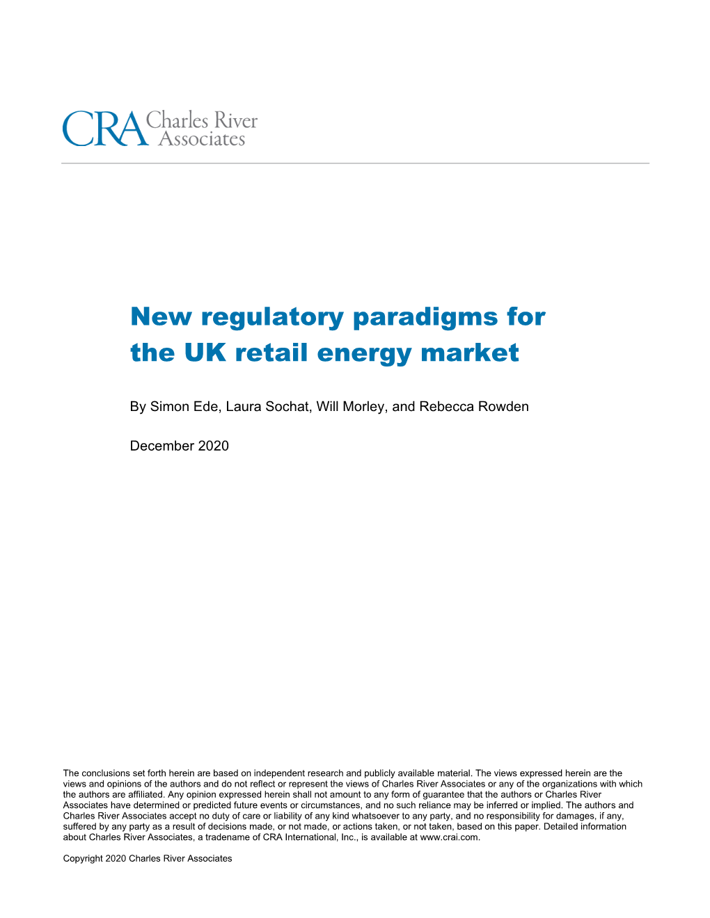 New Regulatory Paradigms for the UK Retail Energy Market